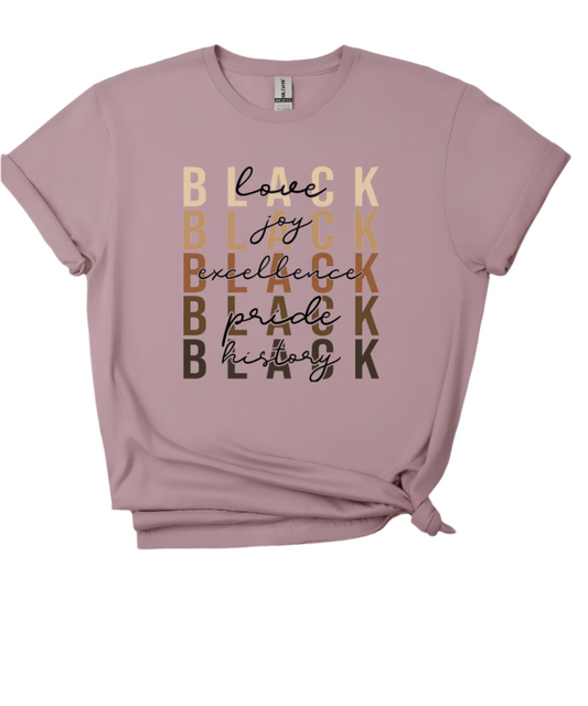 Purple softstyle T-shirt featuring a various shades of brown from light to dark text with the phrase “black love, black joy, black excellence, black pride, black history“.