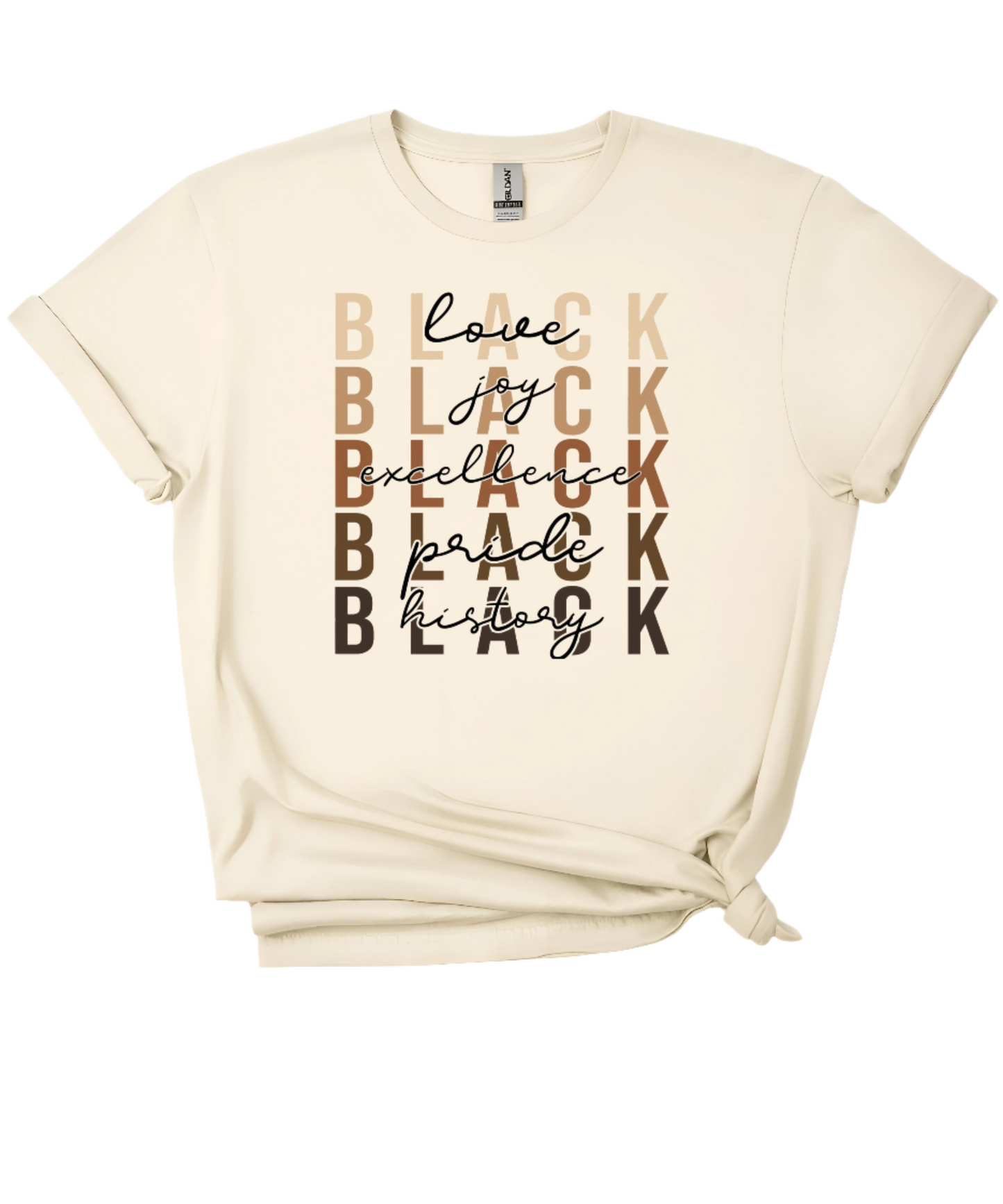 Natural softstyle T-shirt featuring a various shades of brown from light to dark text with the phrase “black love, black joy, black excellence, black pride, black history“.