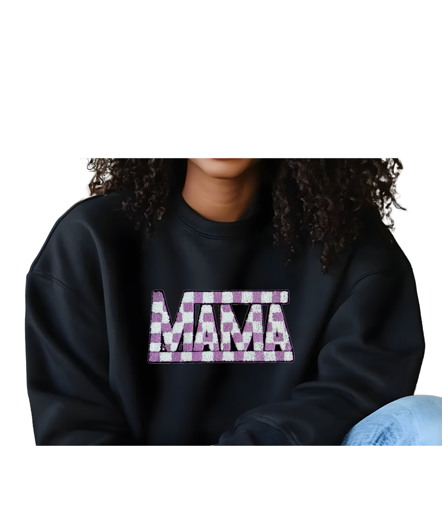 MAMA embroidered patch with a purple and white checkered design on a black sweatshirt. Textured stitching adds a trendy, cozy touch.