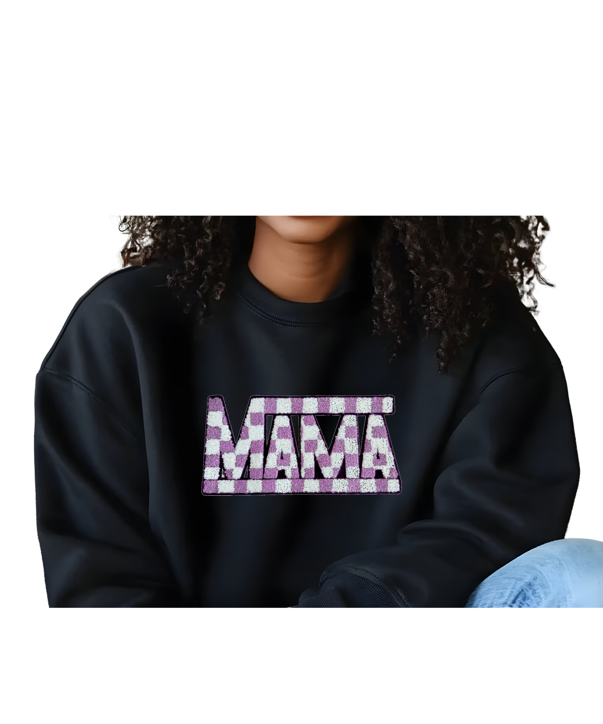 MAMA embroidered patch with a purple and white checkered design on a black sweatshirt. Textured stitching adds a trendy, cozy touch.