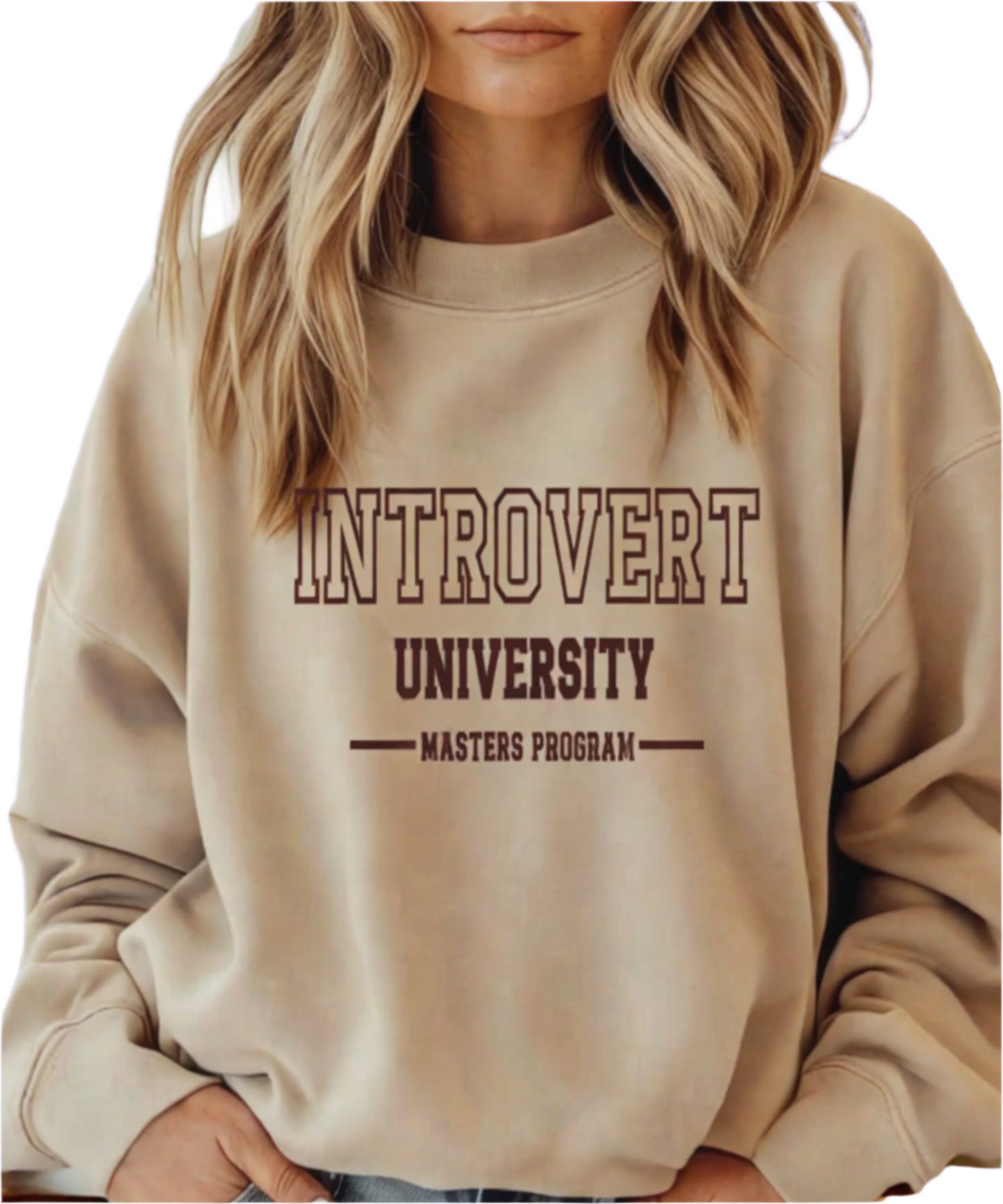 beige crewneck sweatshirt featuring the text “INTROVERT UNIVERSITY MASTERS PROGRAM” in bold, collegiate-style lettering.