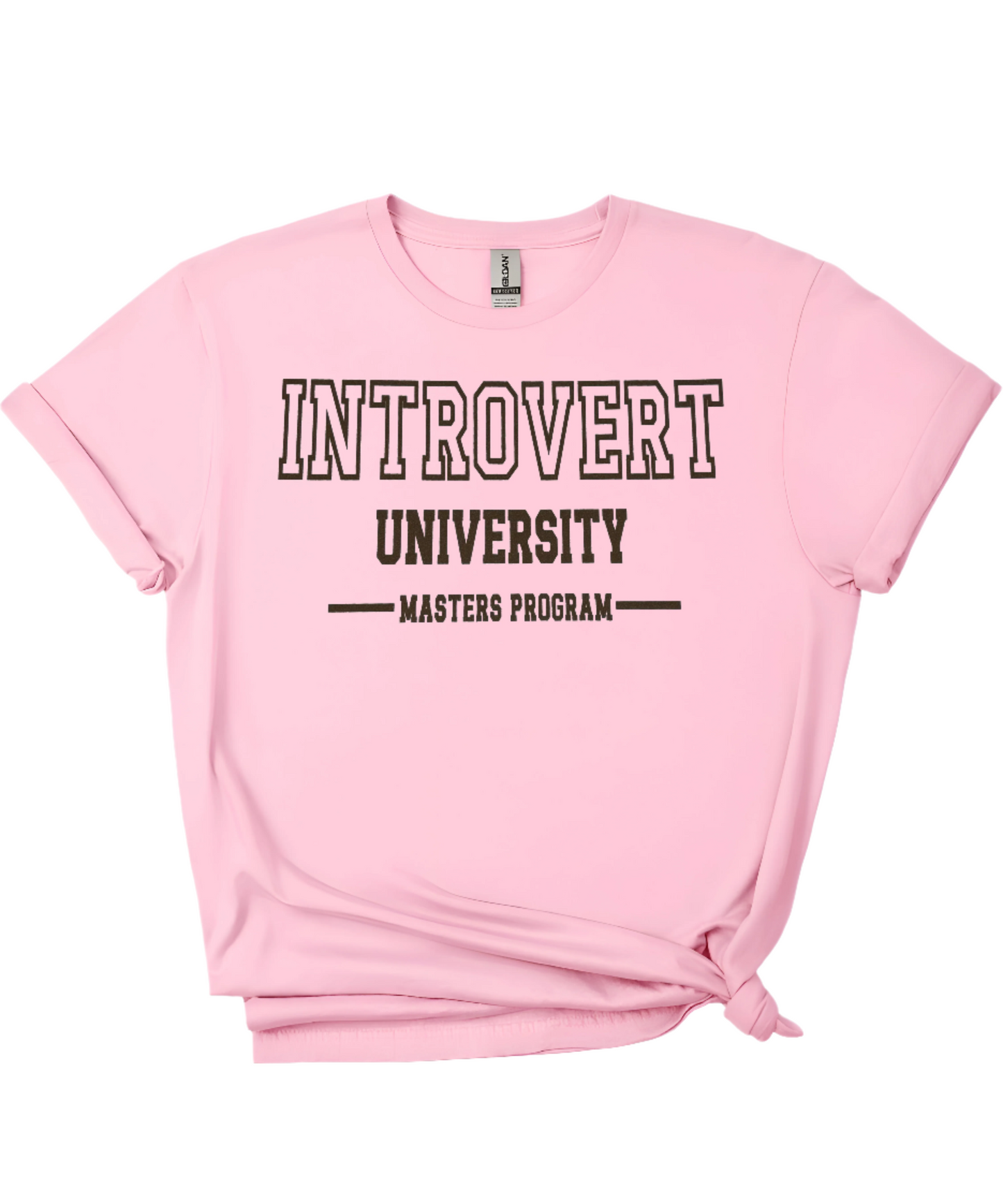 Pink softstyle cotton T-shirt featuring the text “INTROVERT UNIVERSITY MASTERS PROGRAM” in bold, collegiate-style lettering.